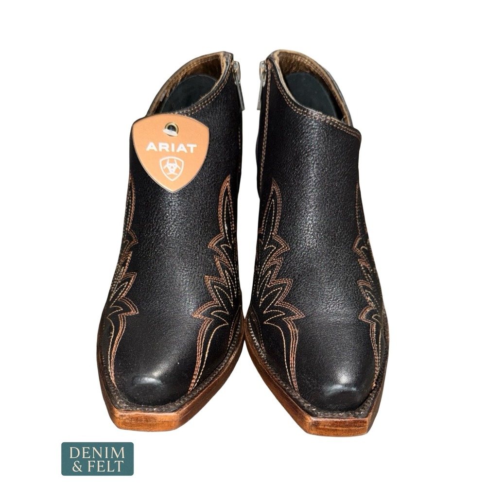 NEW Ariat Jolene Cash Black Leather Western Booties Zip Snip‎ Toe Stacked Heel - Picture 8 of 13